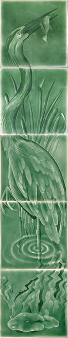 Arts and Crafts Fireplace Tile mural featuring a heron catching a fish, surrounded by lush greenery and water reflections, emphasizing nature's beauty for home decor.