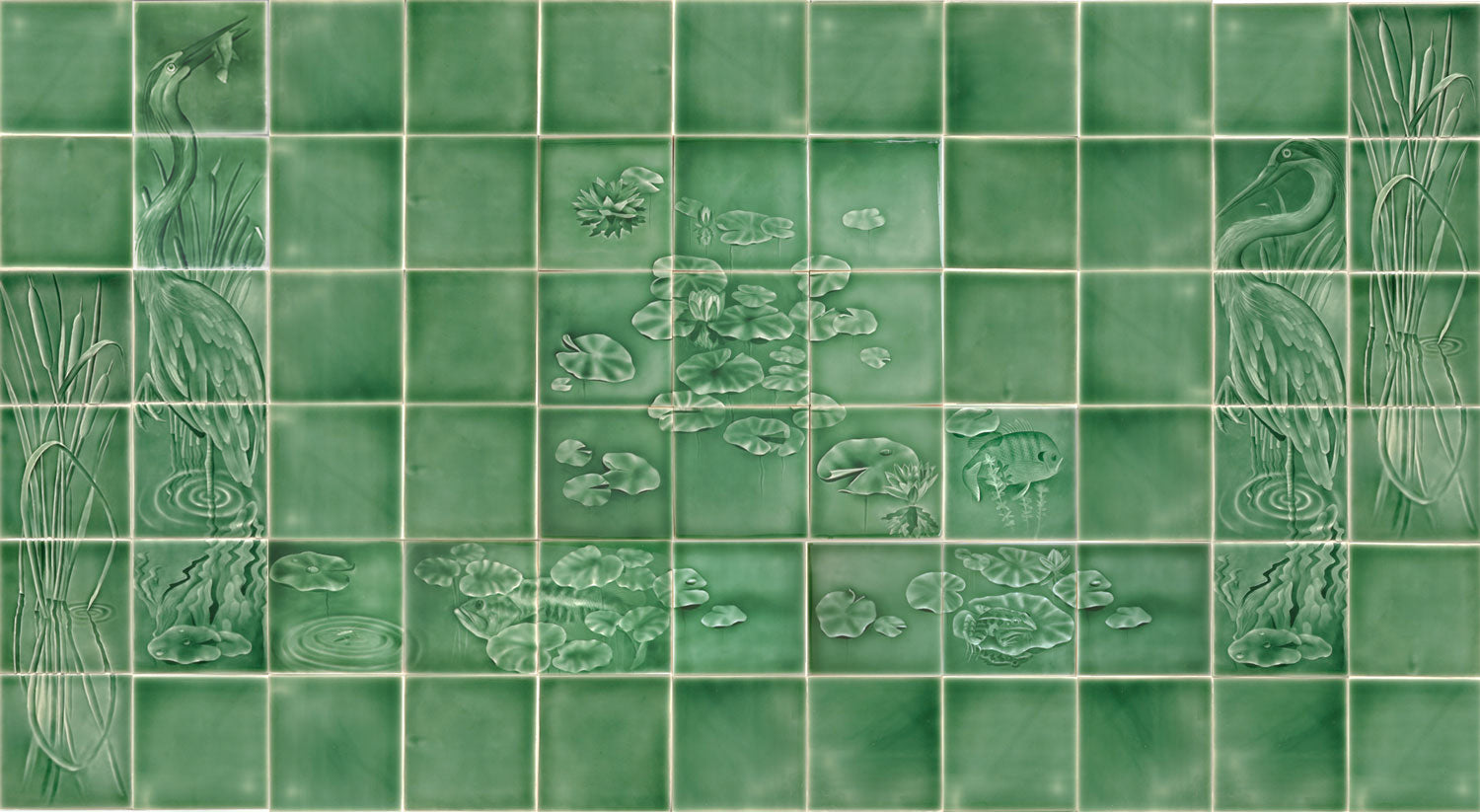 Arts and Crafts Fireplace Tile mural featuring a serene lily pond scene with a heron, lily pads, and fish, showcasing nature's beauty for home decor enhancement.