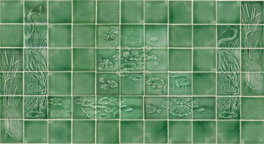 Arts and Crafts Fireplace Tile mural featuring a serene lily pond scene with a heron, lily pads, and fish, showcasing nature's beauty for home decor enhancement.