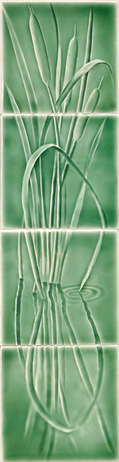 Lily pond mural tile design featuring cattails and reflective water, emphasizing nature's beauty for home decor by Living Walls Tile.