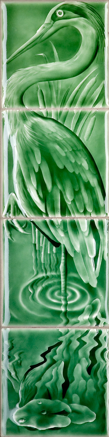 Arts and Crafts Fireplace Tile mural featuring a green heron above a lily pond, emphasizing nature's beauty and artistic design for home decor.