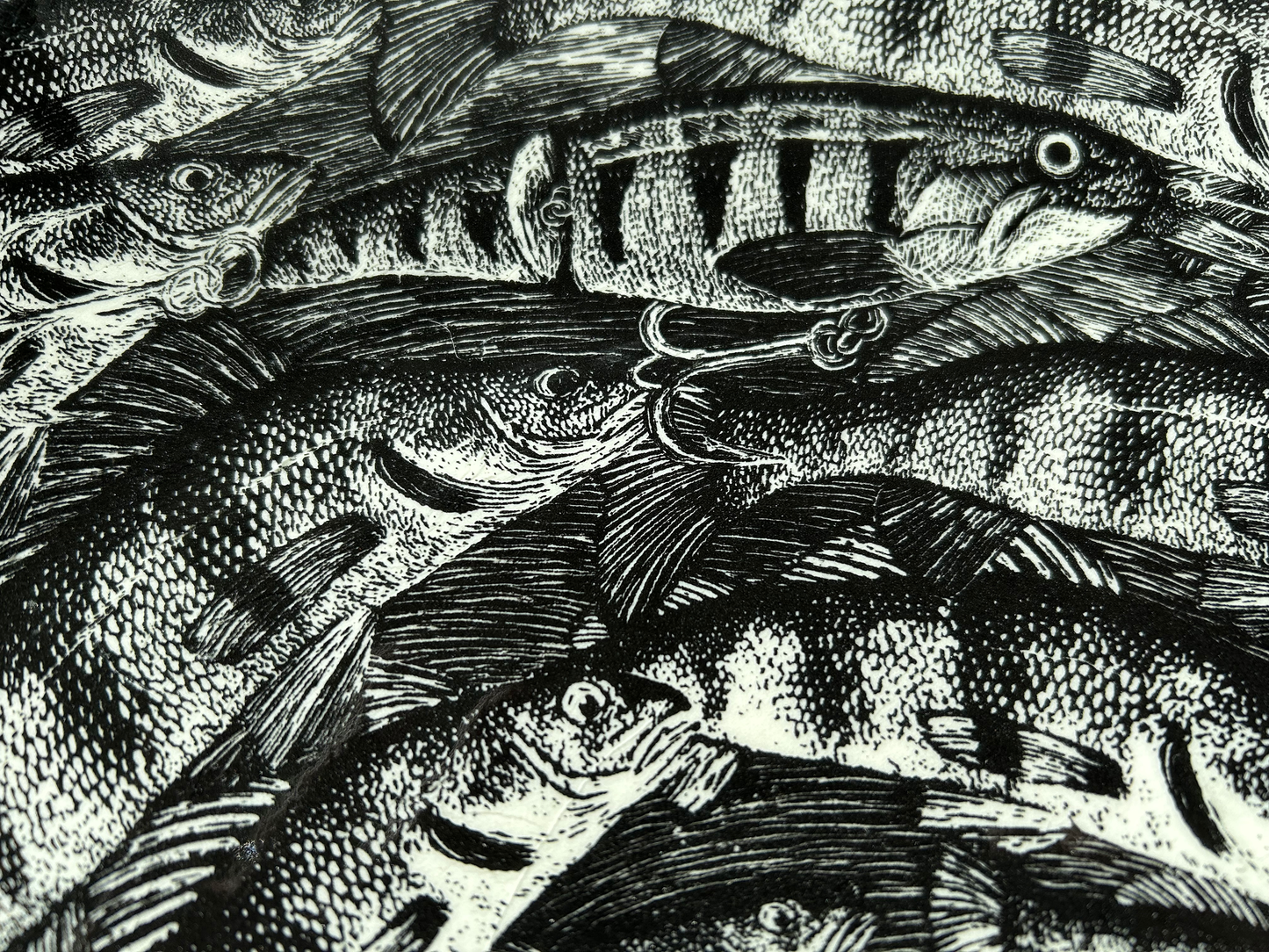 Handcrafted 19-inch Perch Platter featuring intricate swirling designs of perch and a hidden imposter fish, ideal for serving gourmet dishes or as wall art.