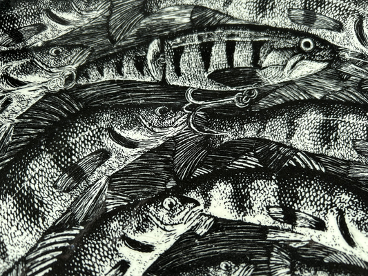 Handcrafted 19-inch Perch Platter featuring intricate swirling designs of perch and a hidden imposter fish, ideal for serving gourmet dishes or as wall art.