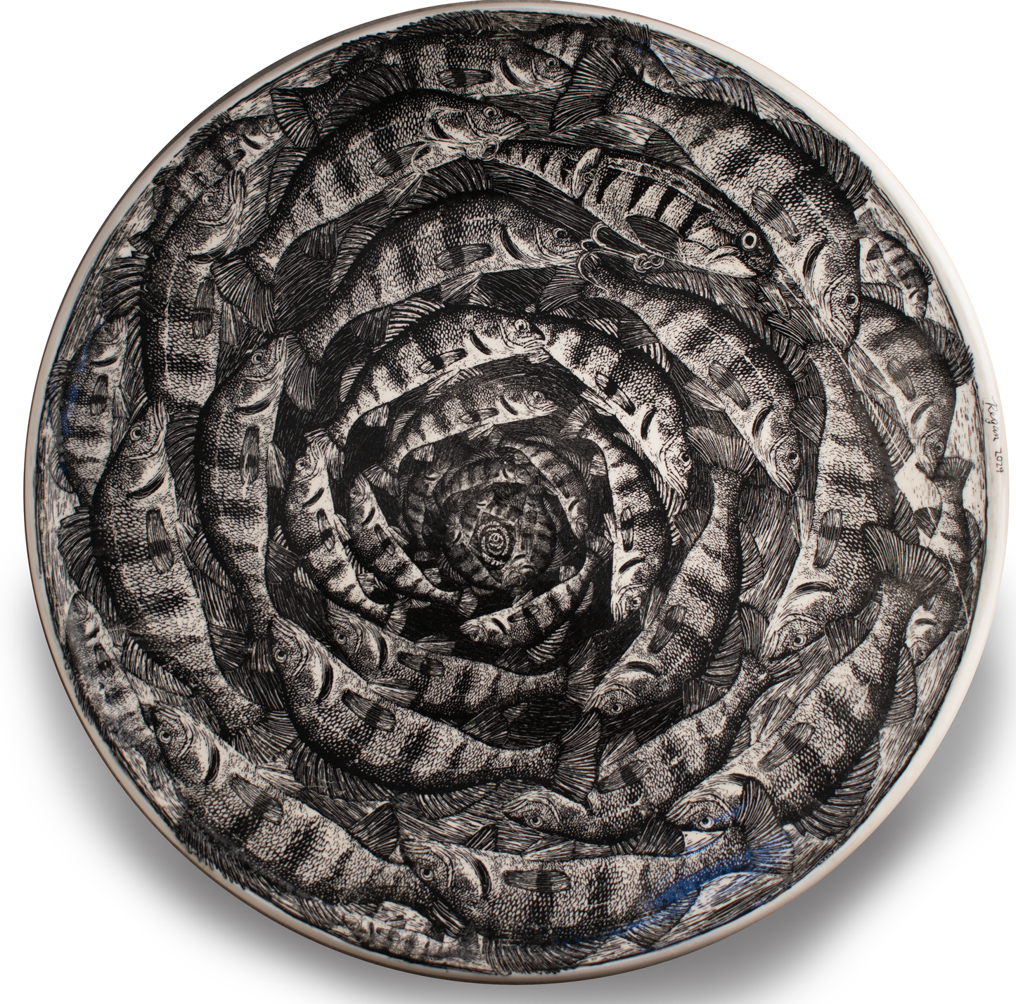 Handcrafted 19-inch Perch Platter featuring a swirling design of perch fish, emphasizing artistic detail and functionality for serving gourmet dishes or as wall art.