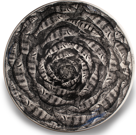 Handcrafted 19-inch Perch Platter featuring a swirling design of perch fish, emphasizing artistic detail and functionality for serving gourmet dishes or as wall art.