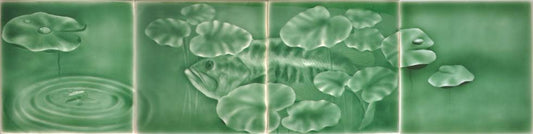 Arts and Crafts Fireplace Tile mural featuring a serene lily pond scene with lily pads and a fish, emphasizing nature's beauty for home decor.