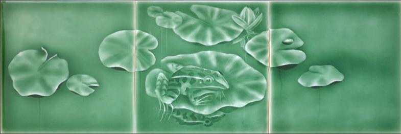 Arts and Crafts Frog Tile mural featuring a frog among lily pads, showcasing nature-inspired design for home decor by Living Walls Tile.