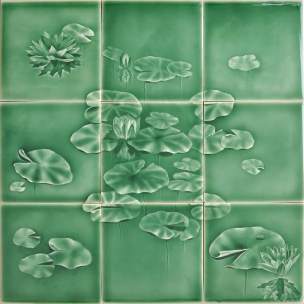 Lily pond mural tile design featuring green lily pads and flowers, showcasing nature's beauty for home decor from Living Walls Tile.