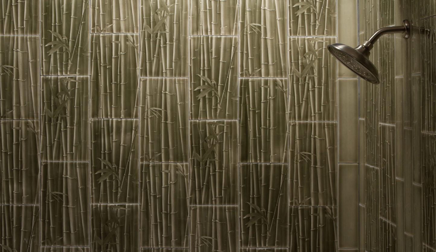 Bamboo forest tile backsplash in a luxury bathroom shower, enhancing biophilic design aesthetics with natural patterns and textures.