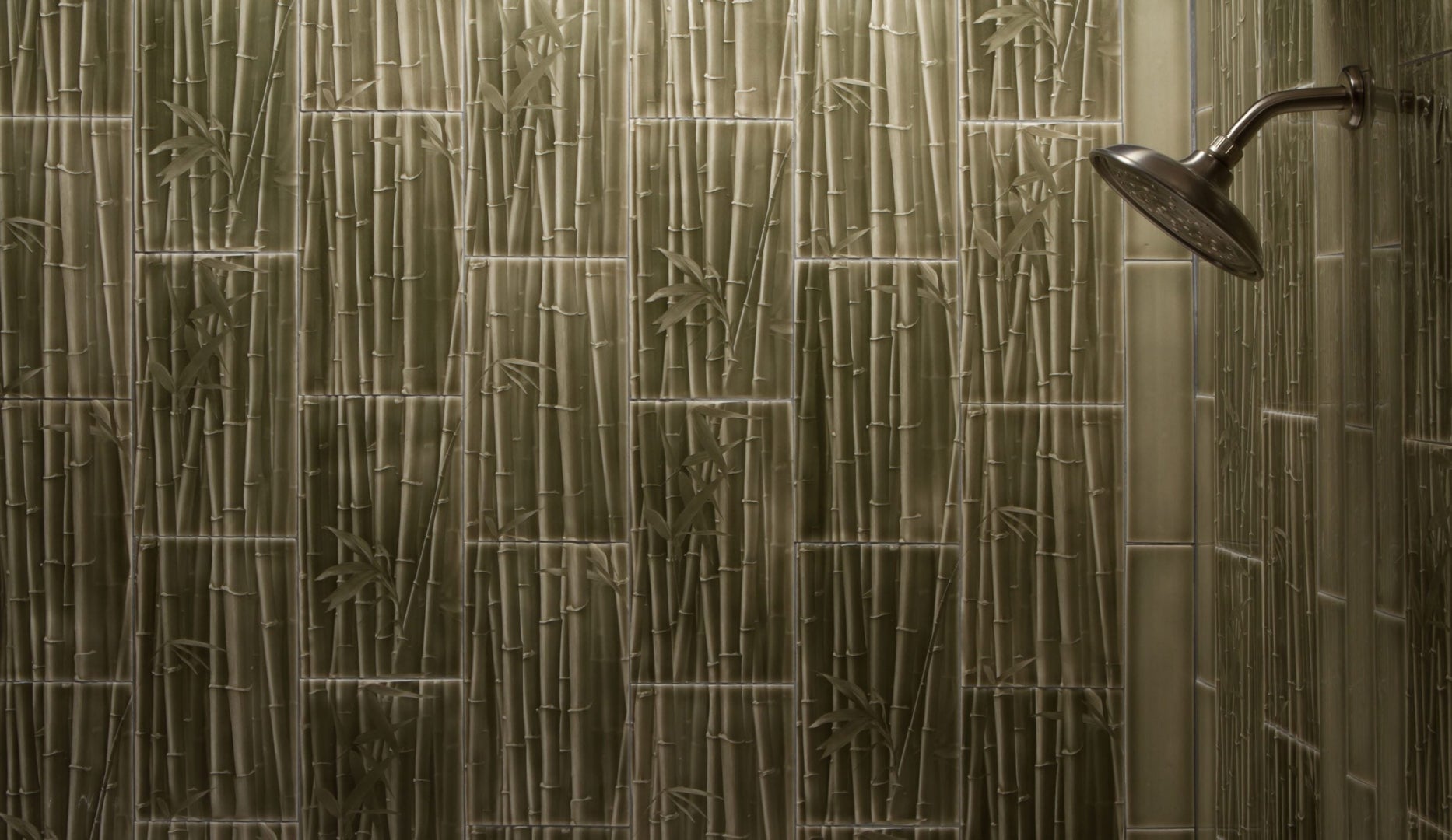 Bamboo forest tile backsplash in a luxury bathroom shower, enhancing biophilic design aesthetics with natural patterns and textures.
