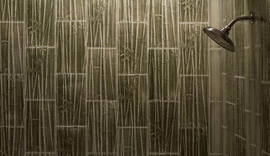 Bamboo forest tile backsplash in a luxury bathroom shower, enhancing biophilic design aesthetics with natural patterns and textures.