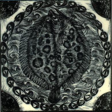 Black and white woodcut tile featuring a flounder surrounded by swirling waves and a decorative border, part of Living Walls Tile's Black and White Woodcut Series.