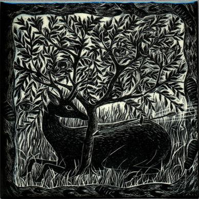 Black and white woodcut art tile featuring a deer resting under a leafy tree, part of the Black and White Woodcut Series by Living Walls Tile.