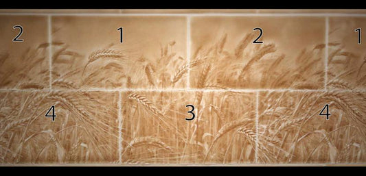 Rustic kitchen backsplash featuring textured wheat design in warm golden tones, ideal for enhancing home aesthetics with Living Walls Tile.